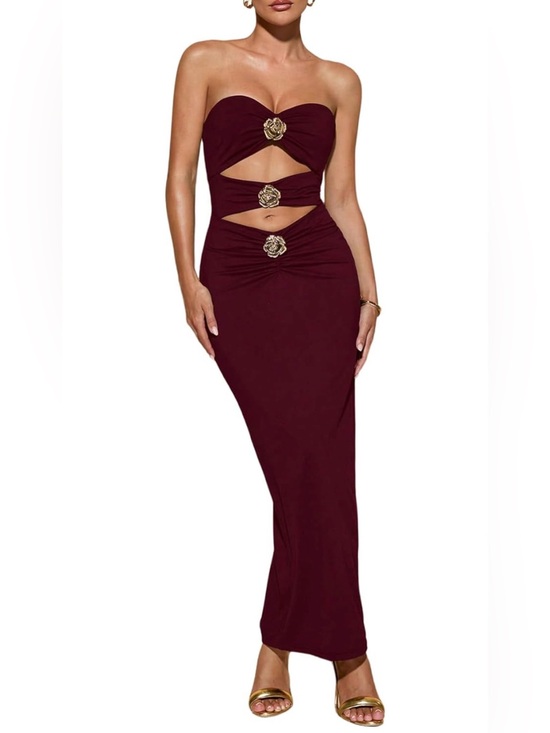 None Dresses & Skirts - Strapless Cutout Maxi Dress with Gold Floral Accents - Burgundy Size Small
